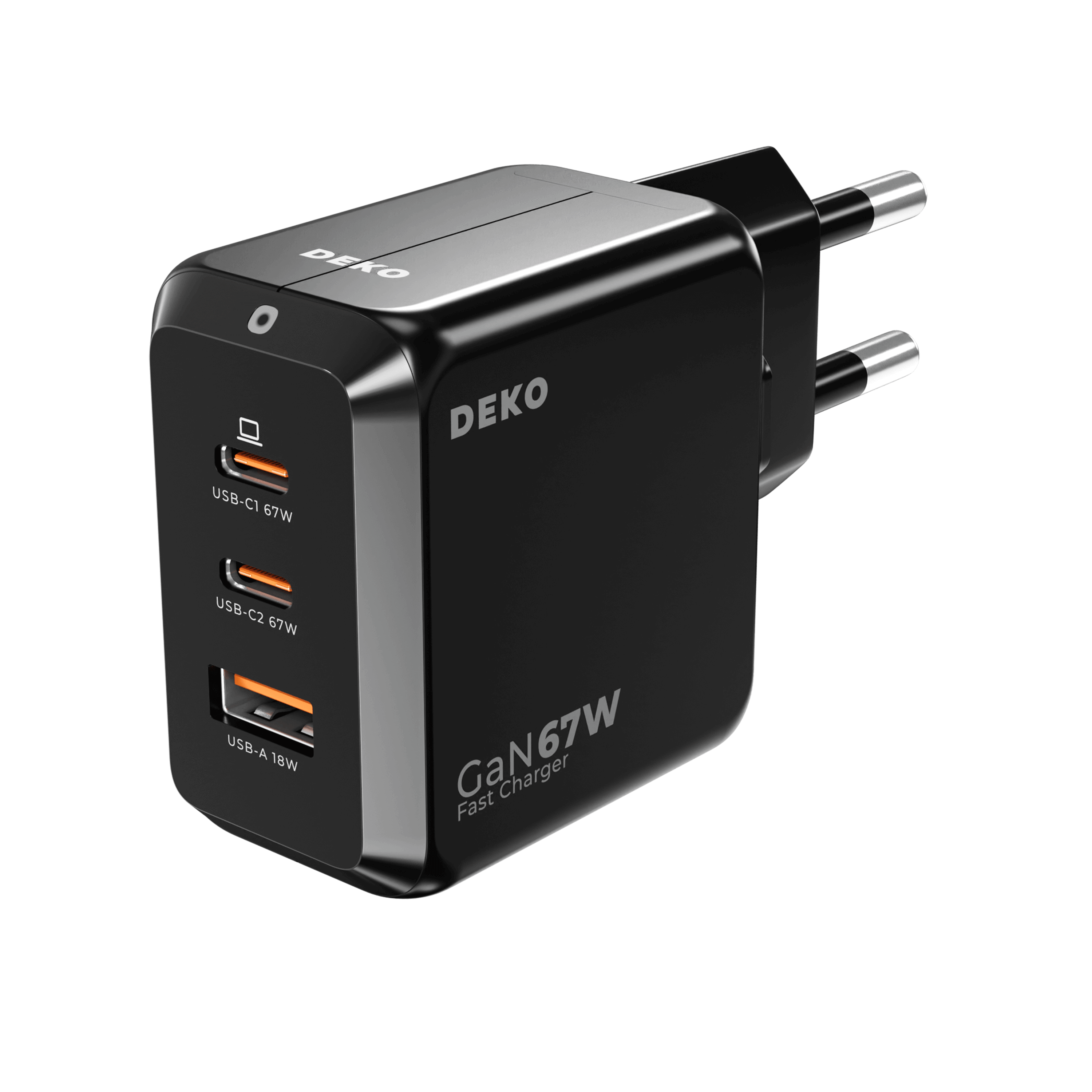 DEKO Ładowarka TRAVELER 67W GaN Fast - 2x USB-C 1x USB-A (DC673P2CAWA) - Ładuj MacBooki, iPhone'y i laptopy szybko dzięki DEKO 67W GaN. Z 2x USB-C i 1x USB-A, idealna do wielu urządzeń.