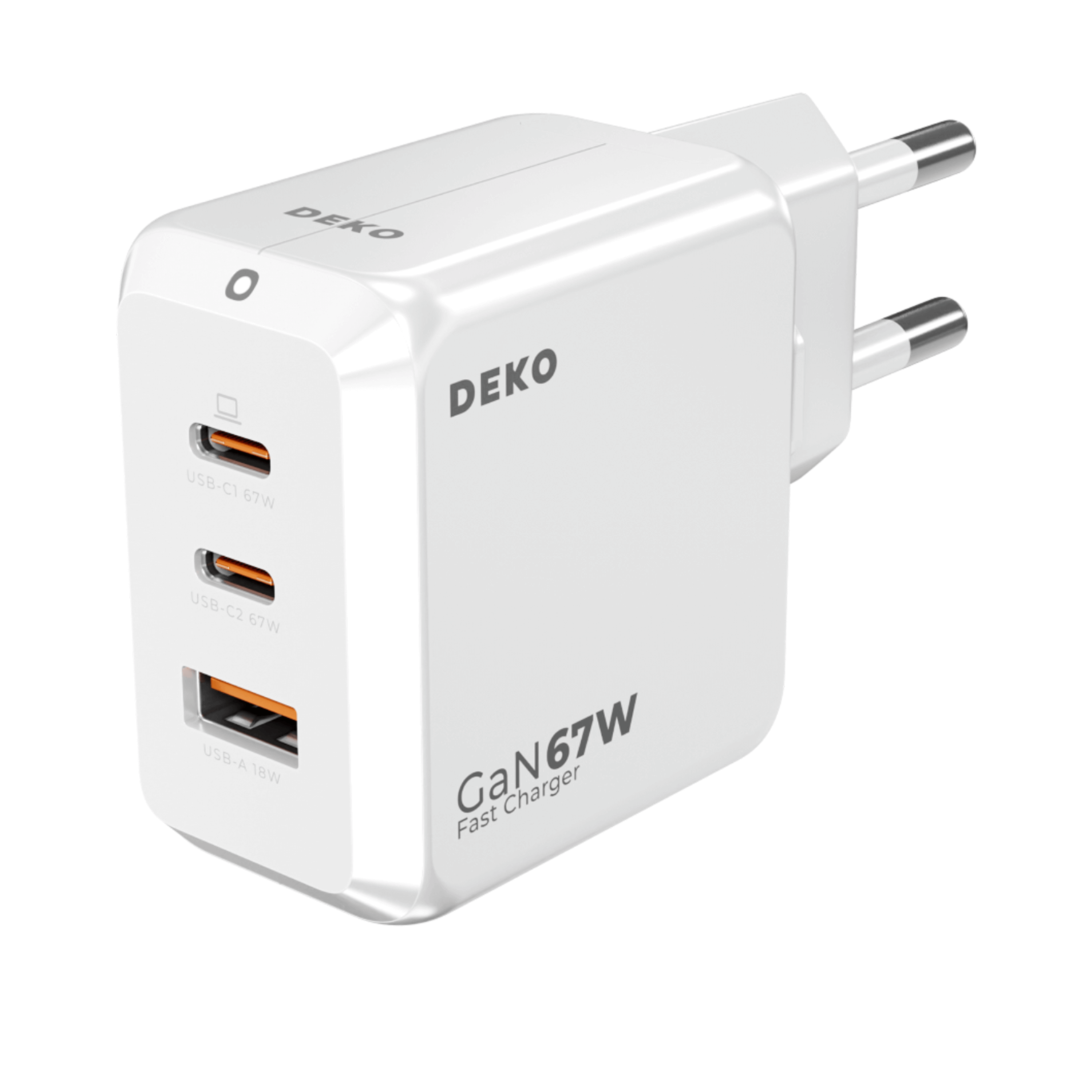 DEKO Ładowarka TRAVELER 67W GaN Fast - 2x USB-C 1x USB-A (DC673P2CAWA) - Ładuj MacBooki, iPhone'y i laptopy szybko dzięki DEKO 67W GaN. Z 2x USB-C i 1x USB-A, idealna do wielu urządzeń.