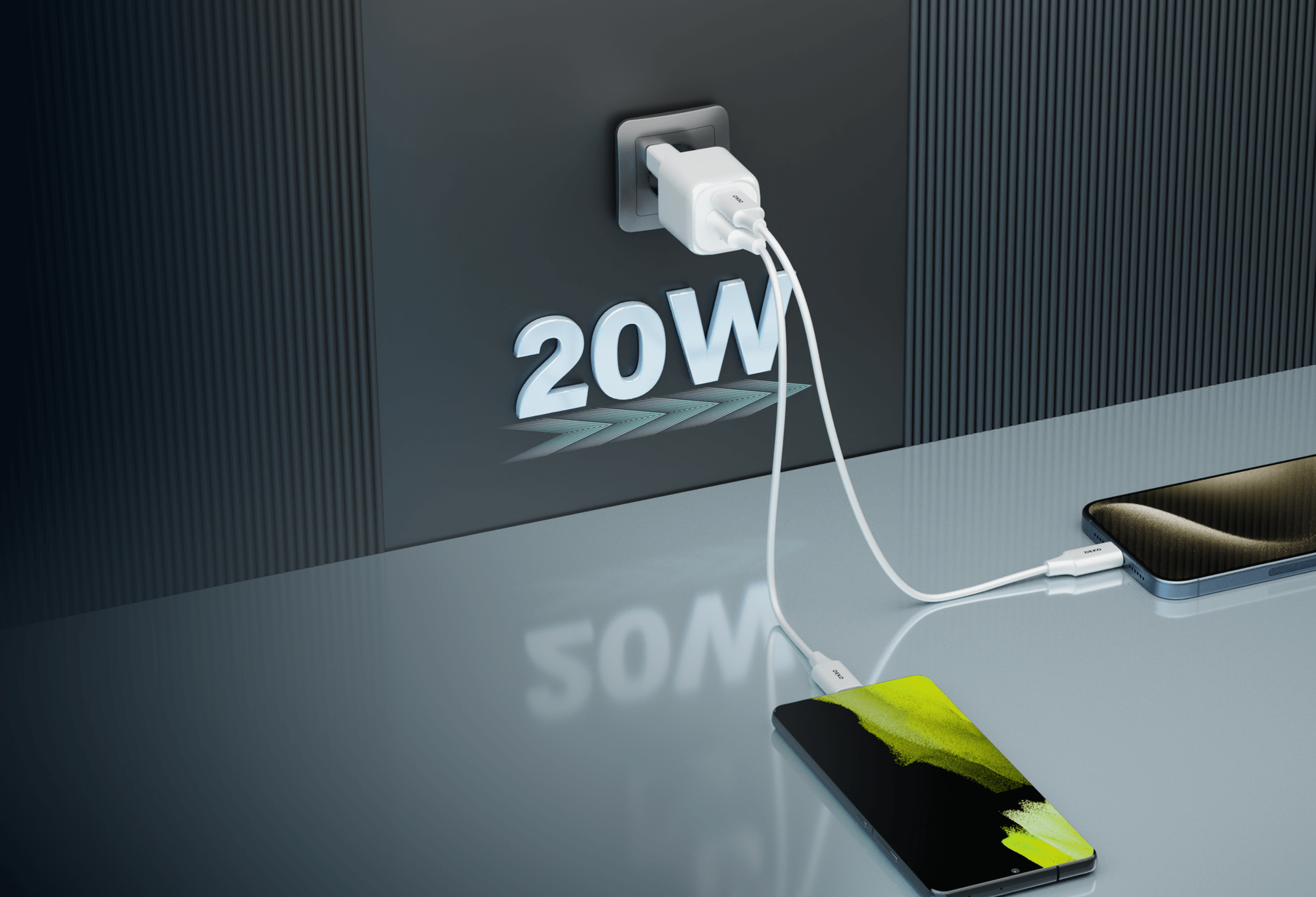 DEKO Ładowarka NANO 20W GaN Fast - 1x USB-C 1x USB-A Biała i Czarna (DC202PCAMA) - Kompaktowa ładowarka 2w1 NANO 20W z portami USB-C i USB-A, idealna do podróży. Szybkie i energooszczędne ładowanie dzięki technologii GaN.