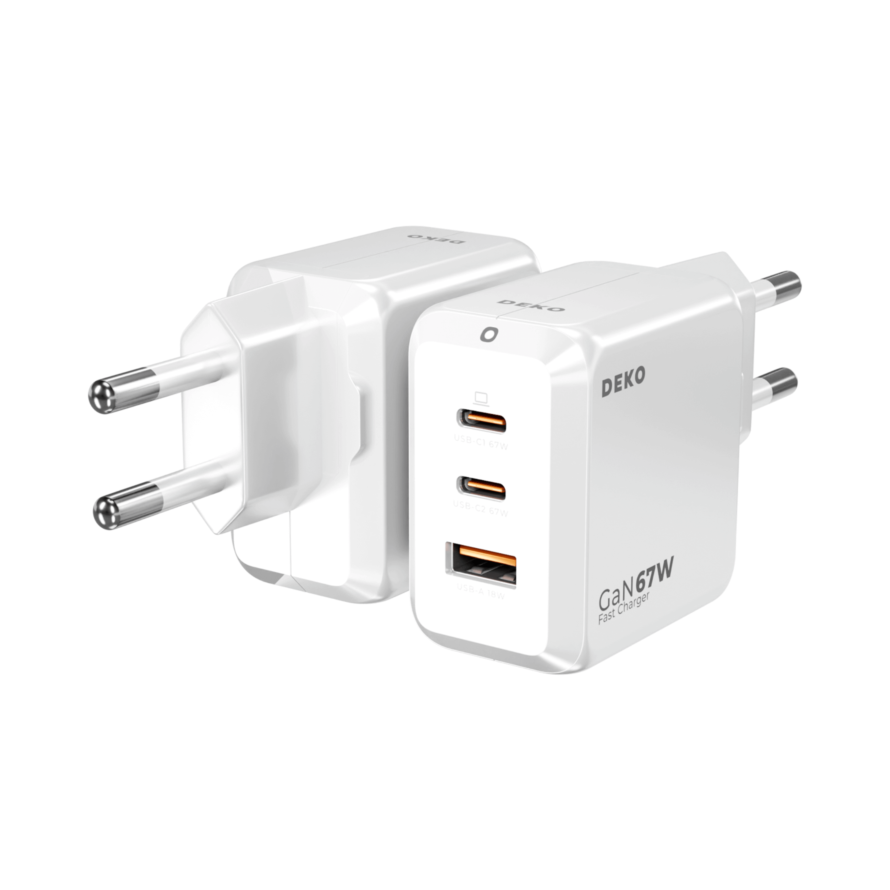 DEKO Ładowarka TRAVELER 67W GaN Fast - 2x USB-C 1x USB-A (DC673P2CAWA) - Ładuj MacBooki, iPhone'y i laptopy szybko dzięki DEKO 67W GaN. Z 2x USB-C i 1x USB-A, idealna do wielu urządzeń.