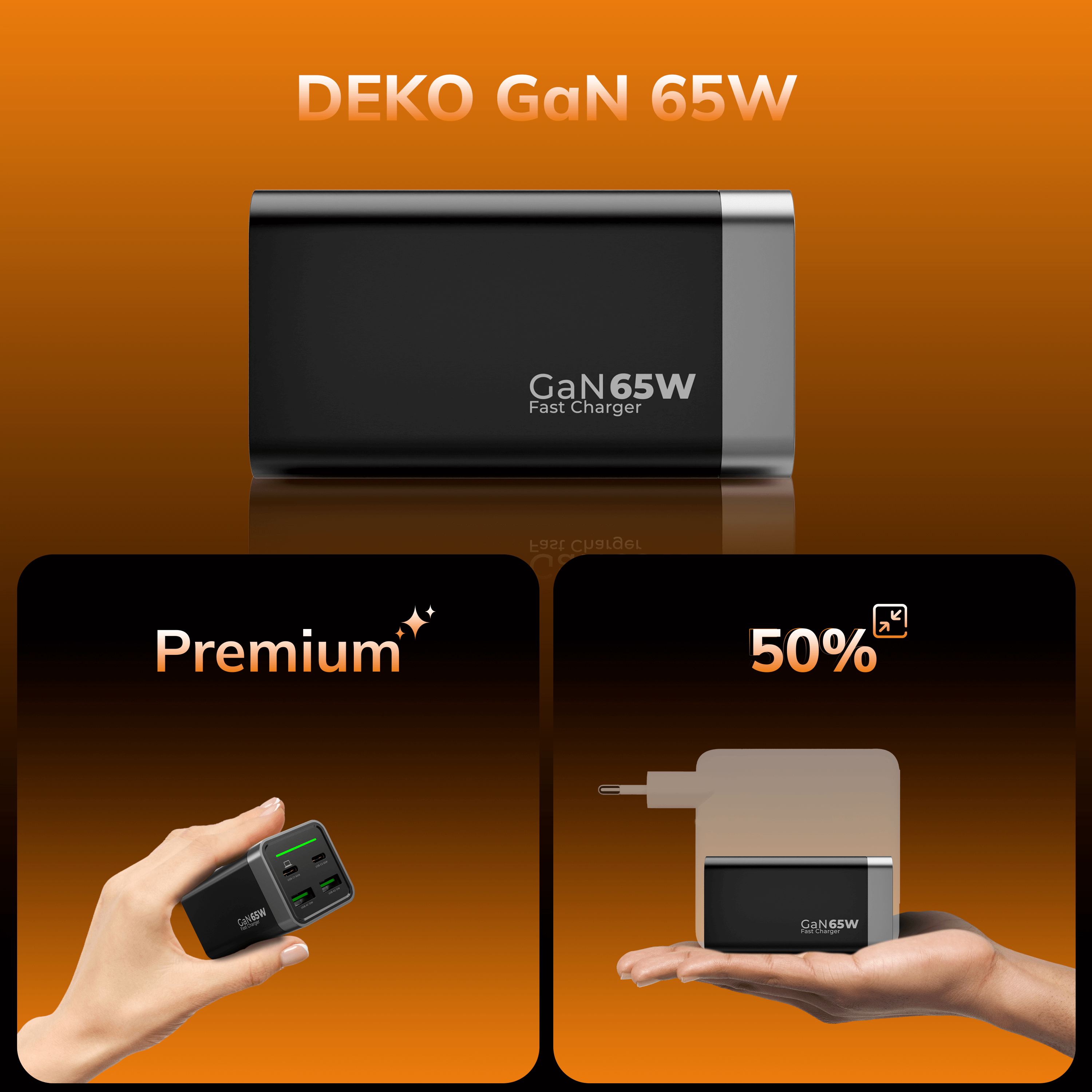 DEKO Ładowarka DESKTOP 65W GaN Fast - 2x USB-C 2x USB-A (DC654P2C2ABA) - Szybkie ładowanie do czterech urządzeń. Lekka konstrukcja, 65W mocy. Idealna do podróży i pracy. Zestaw z kablem w komplecie.