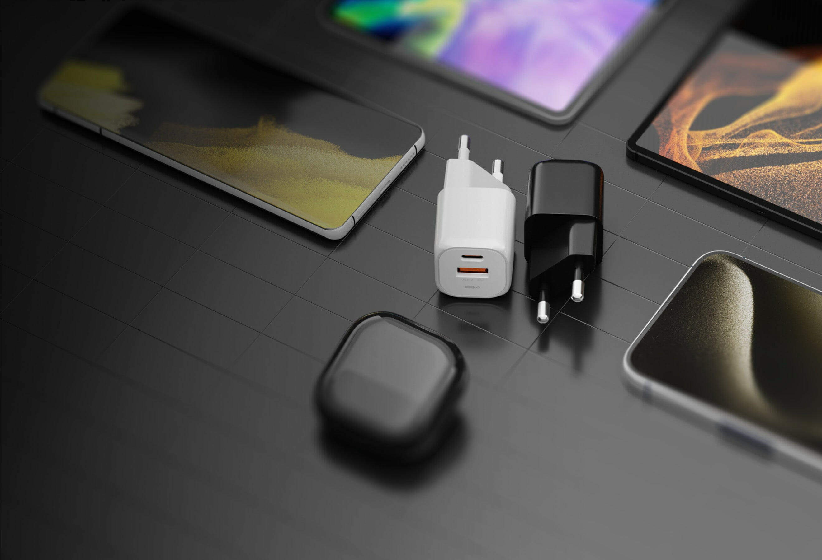 DEKO Ładowarka NANO 20W GaN Fast - 1x USB-C 1x USB-A Czarna (DC202PCABA) - Szybkie ładowanie 20W, dwa porty, dynamiczny czujnik temperatury. Idealna do iPhone, Samsung i innych urządzeń.