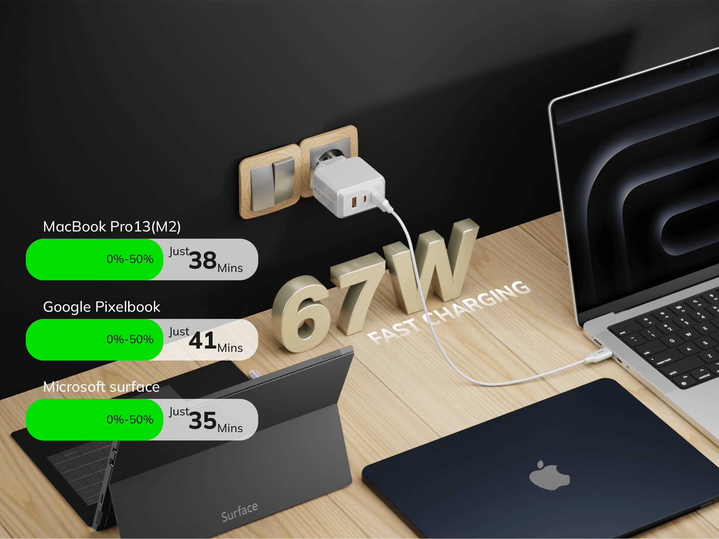 DEKO Ładowarka TRAVELER 67W GaN Fast - 2x USB-C 1x USB-A (DC673P2CAWA) - Ładuj MacBooki, iPhone'y i laptopy szybko dzięki DEKO 67W GaN. Z 2x USB-C i 1x USB-A, idealna do wielu urządzeń.