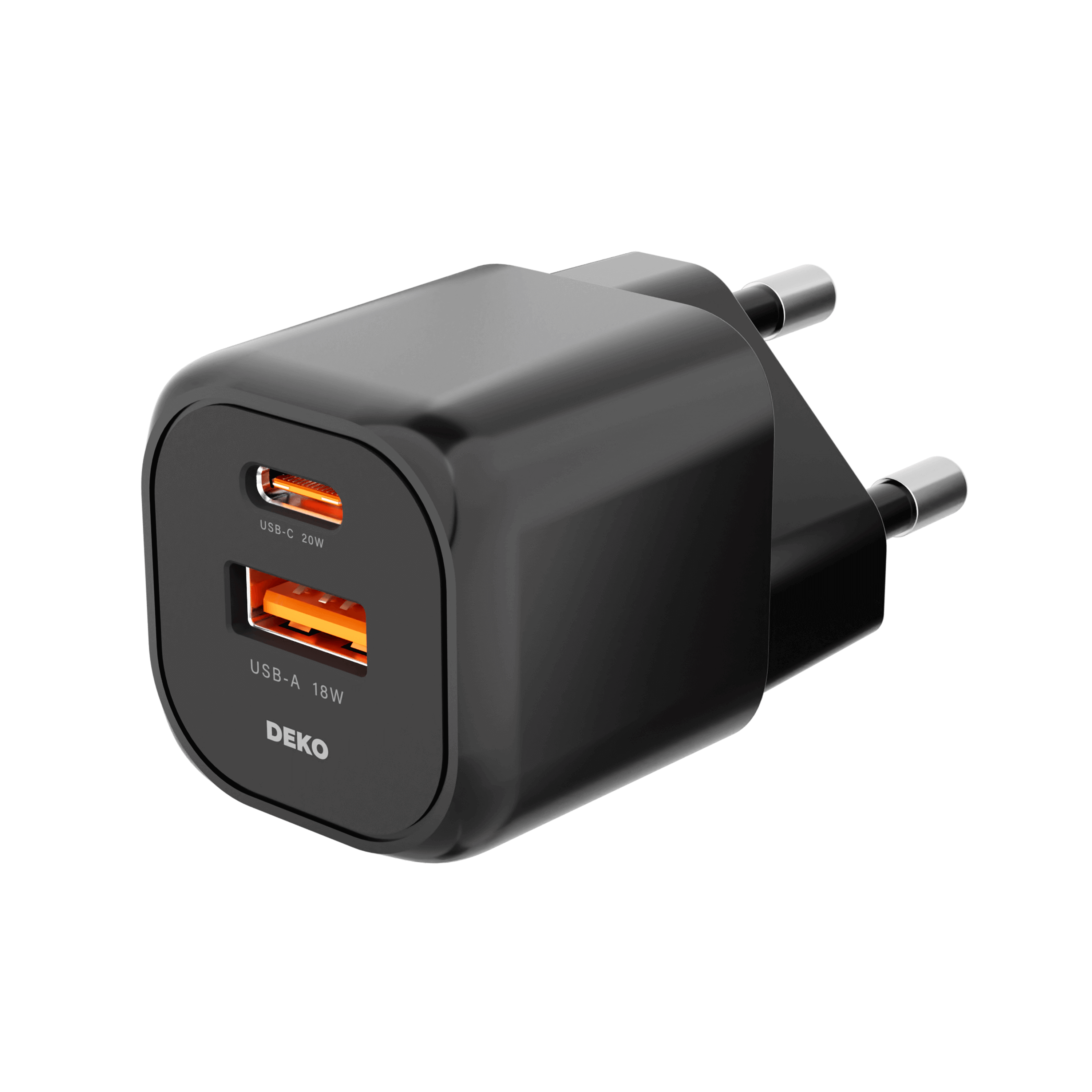 DEKO Ładowarka NANO 20W GaN Fast - 1x USB-C 1x USB-A Czarna (DC202PCABA) - Szybkie ładowanie 20W, dwa porty, dynamiczny czujnik temperatury. Idealna do iPhone, Samsung i innych urządzeń.