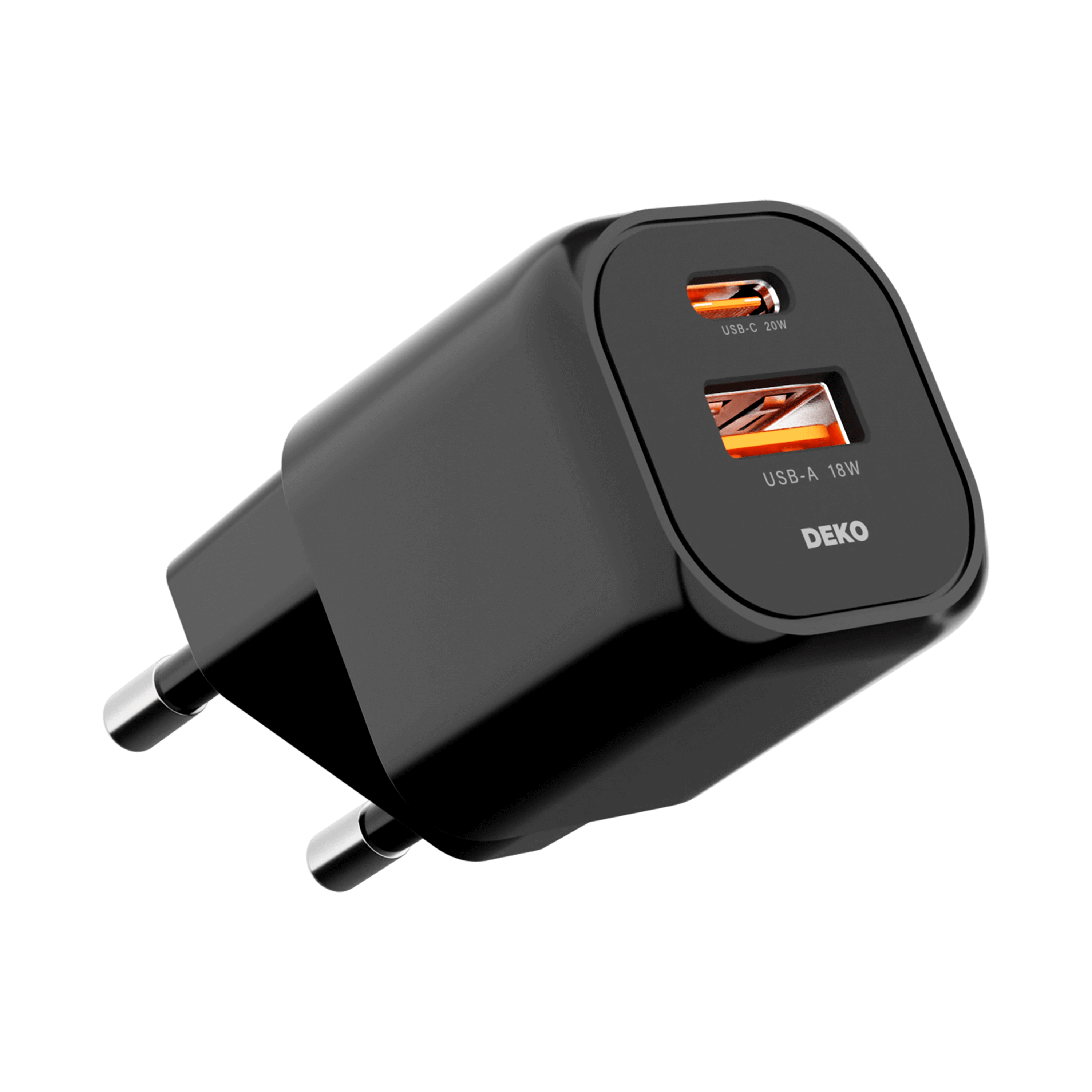 DEKO Ładowarka NANO 20W GaN Fast - 1x USB-C 1x USB-A Czarna (DC202PCABA) - Szybkie ładowanie 20W, dwa porty, dynamiczny czujnik temperatury. Idealna do iPhone, Samsung i innych urządzeń.