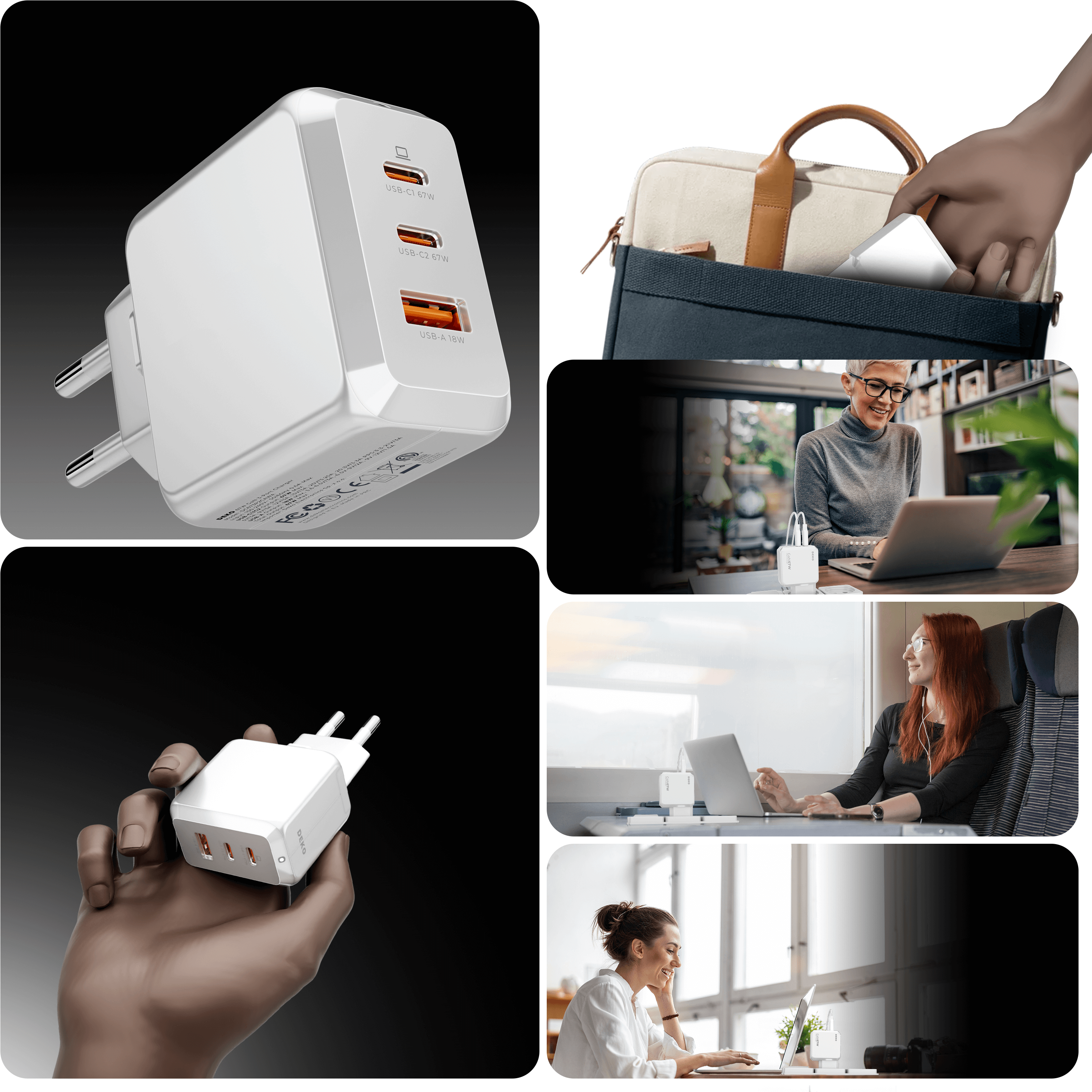 DEKO Ładowarka TRAVELER 67W GaN Fast - 2x USB-C 1x USB-A (DC673P2CAWA) - Ładuj MacBooki, iPhone'y i laptopy szybko dzięki DEKO 67W GaN. Z 2x USB-C i 1x USB-A, idealna do wielu urządzeń.