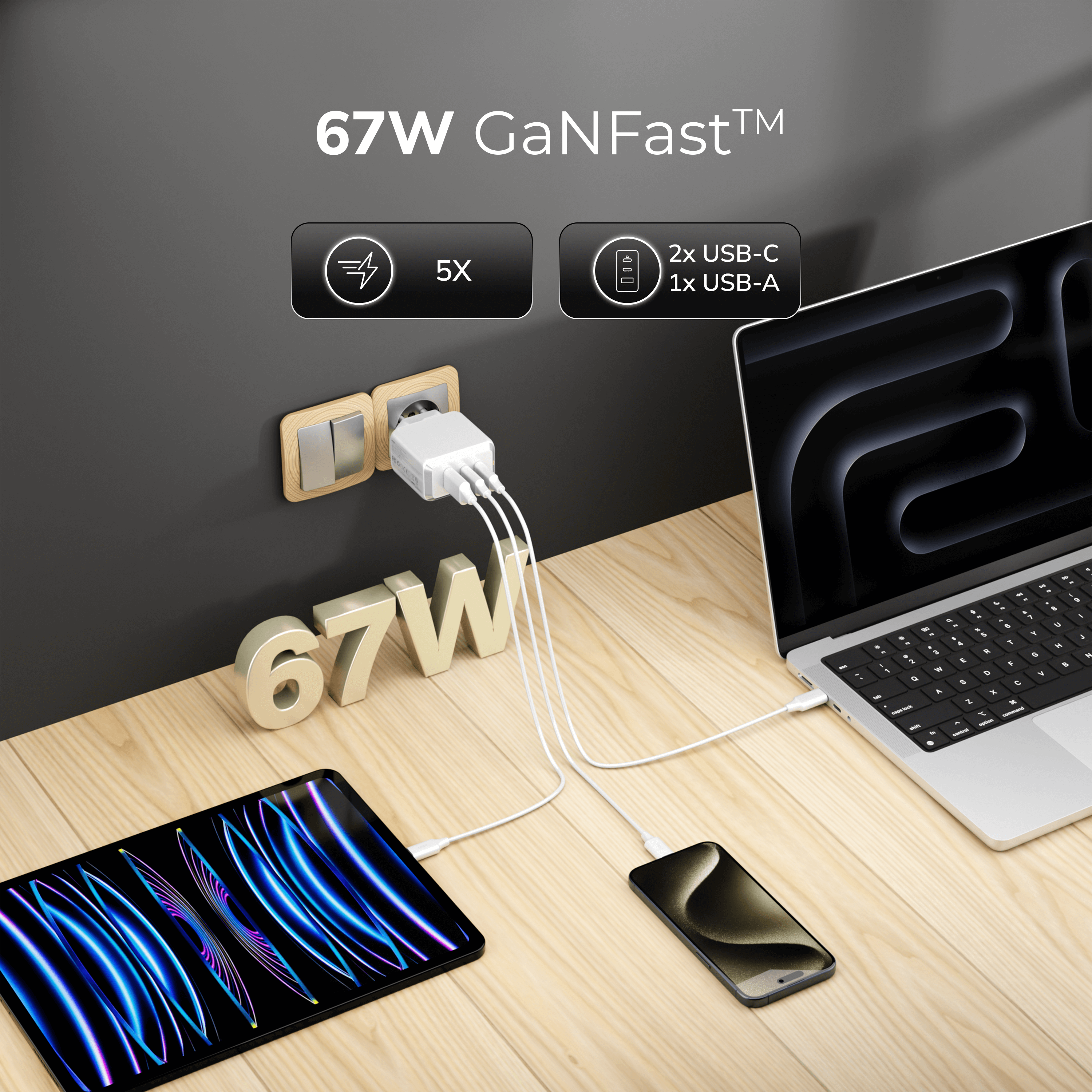 DEKO Ładowarka TRAVELER 67W GaN Fast - 2x USB-C 1x USB-A (DC673P2CAWA) - Ładuj MacBooki, iPhone'y i laptopy szybko dzięki DEKO 67W GaN. Z 2x USB-C i 1x USB-A, idealna do wielu urządzeń.