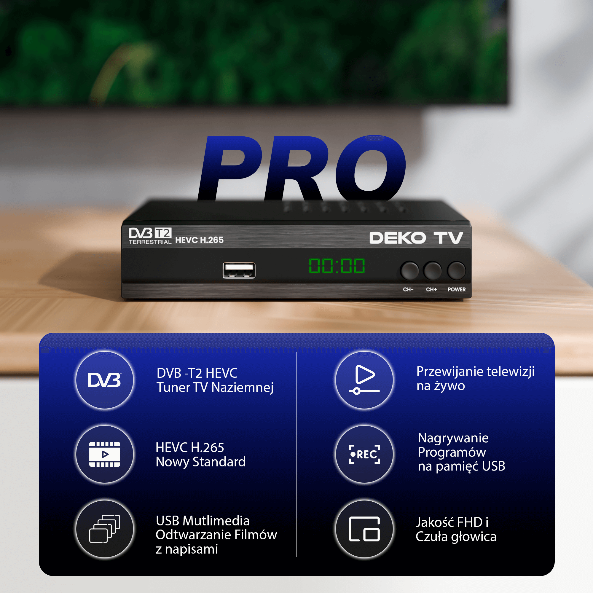 DEKO Dekoder DEKO TV PRO (Tuner DVB-T2) - Dekoder DEKO TV PRO. Odbierz wszystkie kanały DVB-T2 HEVC w FullHD. Uniwersalna kompatybilność i funkcje PVR. Idealny wybór dla każdego telewizora!