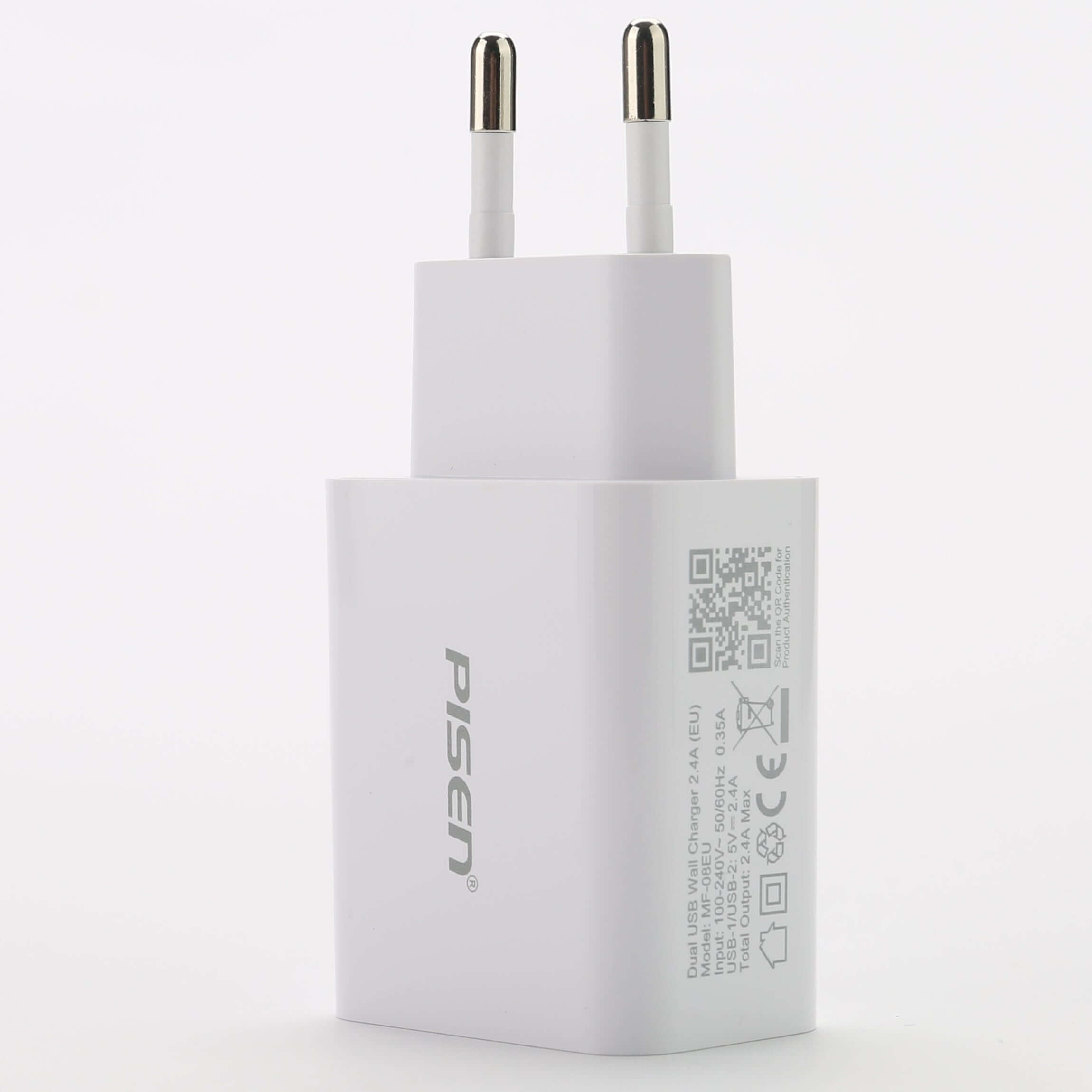 PISEN Ładowarka z podwójnym portem USB 2.4A (MF-08EU) - ✅Uniwersalna kompatybilność – ładowarka PISEN 2.4A obsługuje szeroki wachlarz urządzeń, takich jak iPhone, Samsung, Xiaomi, Huawei, Oppo, oraz umożliwia jednoczesne ładowanie dwóch sprzętów. ✅Szybkie