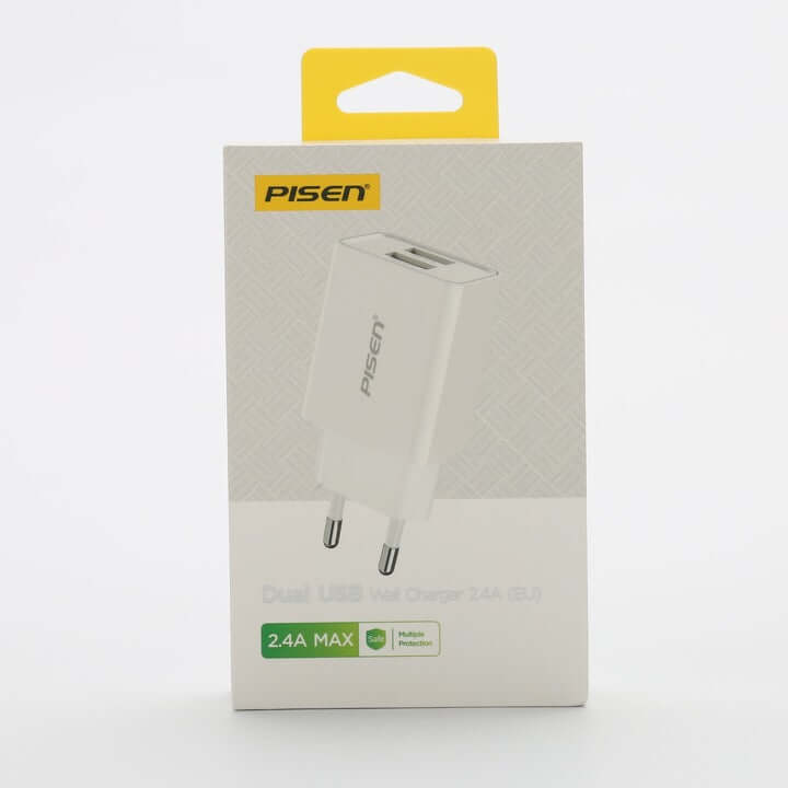 PISEN Ładowarka z podwójnym portem USB 2.4A (MF-08EU) - ✅Uniwersalna kompatybilność – ładowarka PISEN 2.4A obsługuje szeroki wachlarz urządzeń, takich jak iPhone, Samsung, Xiaomi, Huawei, Oppo, oraz umożliwia jednoczesne ładowanie dwóch sprzętów. ✅Szybkie
