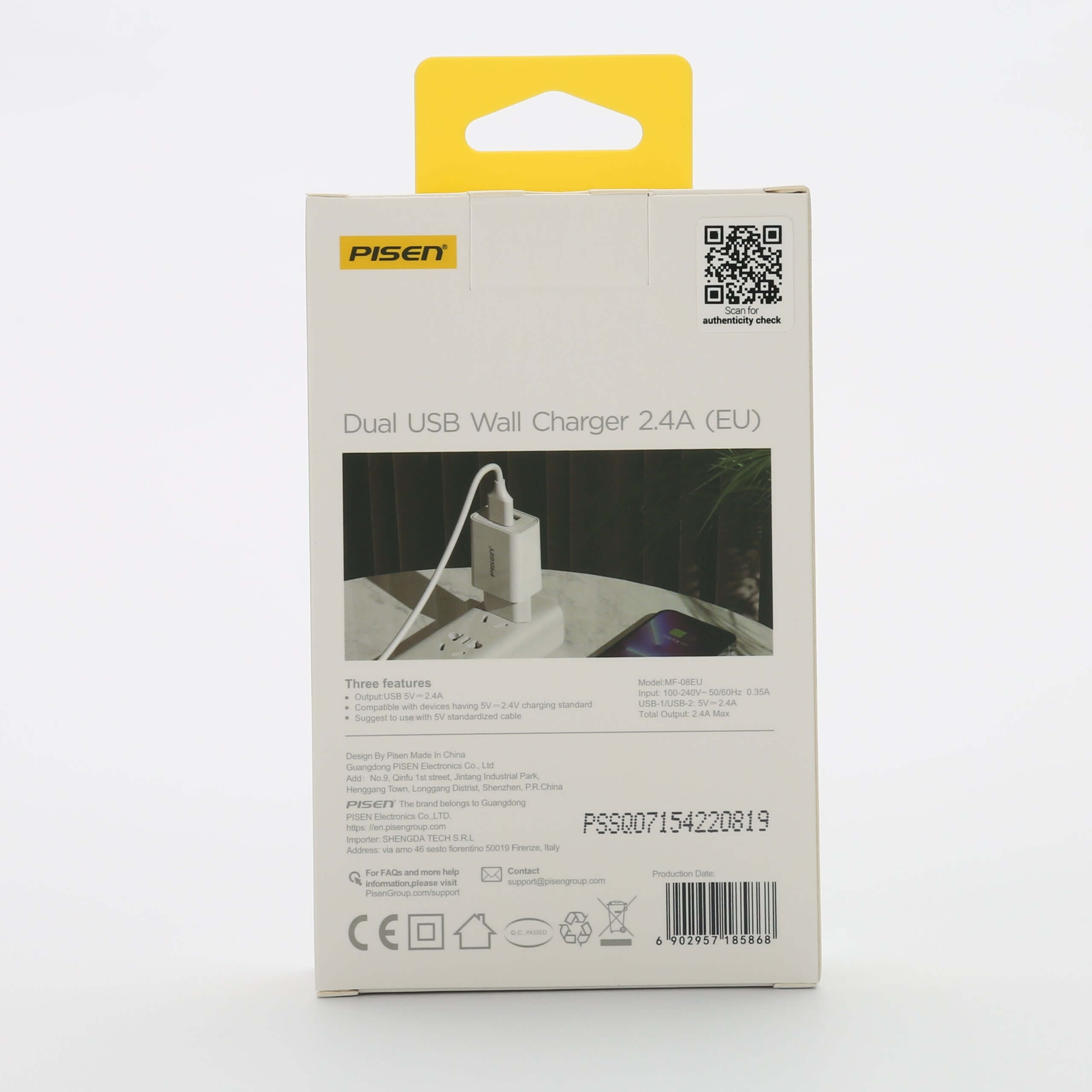 PISEN Ładowarka z podwójnym portem USB 2.4A (MF-08EU) - ✅Uniwersalna kompatybilność – ładowarka PISEN 2.4A obsługuje szeroki wachlarz urządzeń, takich jak iPhone, Samsung, Xiaomi, Huawei, Oppo, oraz umożliwia jednoczesne ładowanie dwóch sprzętów. ✅Szybkie