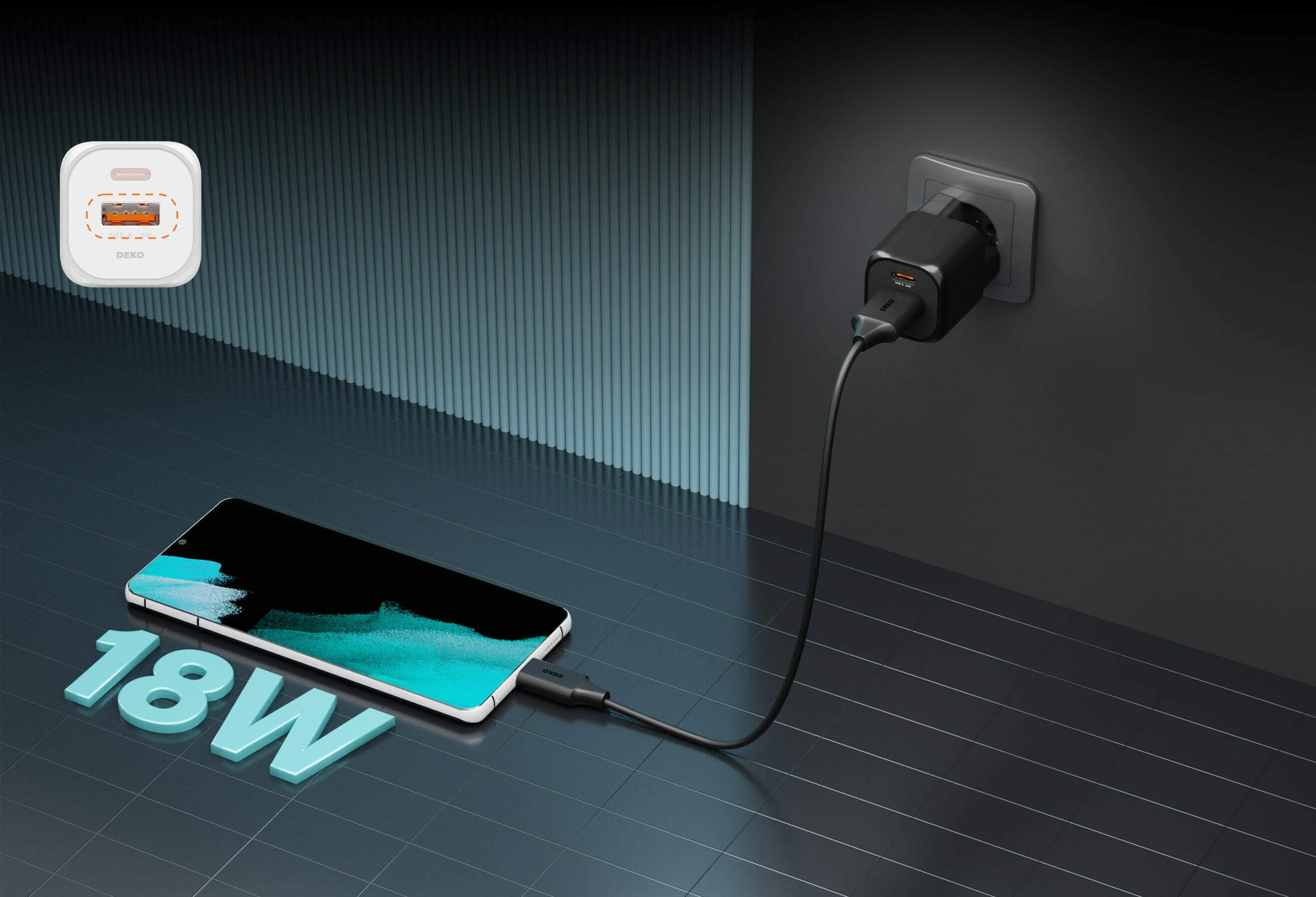 DEKO Ładowarka NANO 20W GaN Fast - 1x USB-C 1x USB-A Czarna (DC202PCABA) - Szybkie ładowanie 20W, dwa porty, dynamiczny czujnik temperatury. Idealna do iPhone, Samsung i innych urządzeń.