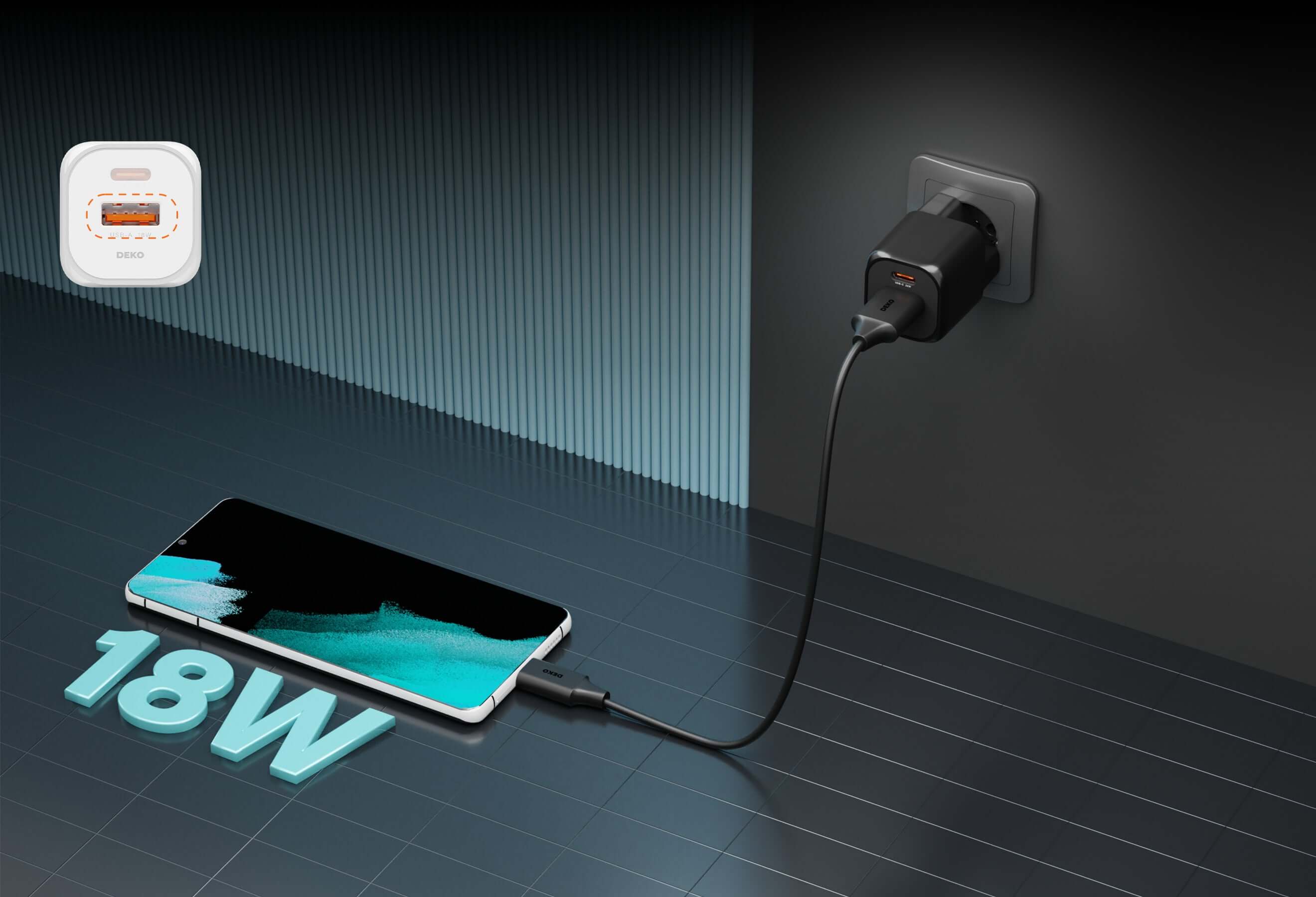 DEKO Ładowarka NANO 20W GaN Fast - 1x USB-C 1x USB-A Biała i Czarna (DC202PCAMA) - Kompaktowa ładowarka 2w1 NANO 20W z portami USB-C i USB-A, idealna do podróży. Szybkie i energooszczędne ładowanie dzięki technologii GaN.