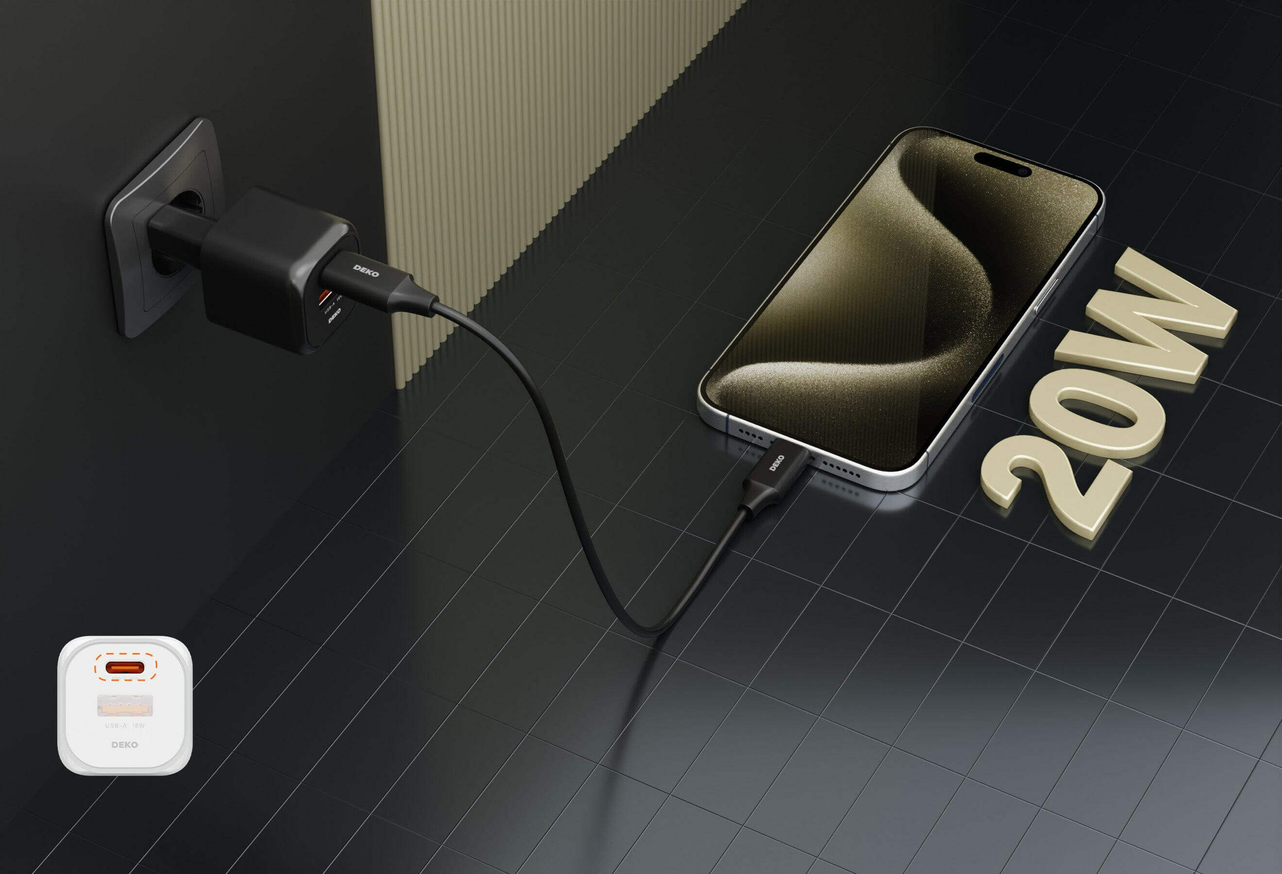 DEKO Ładowarka NANO 20W GaN Fast - 1x USB-C 1x USB-A Czarna (DC202PCABA) - Szybkie ładowanie 20W, dwa porty, dynamiczny czujnik temperatury. Idealna do iPhone, Samsung i innych urządzeń.