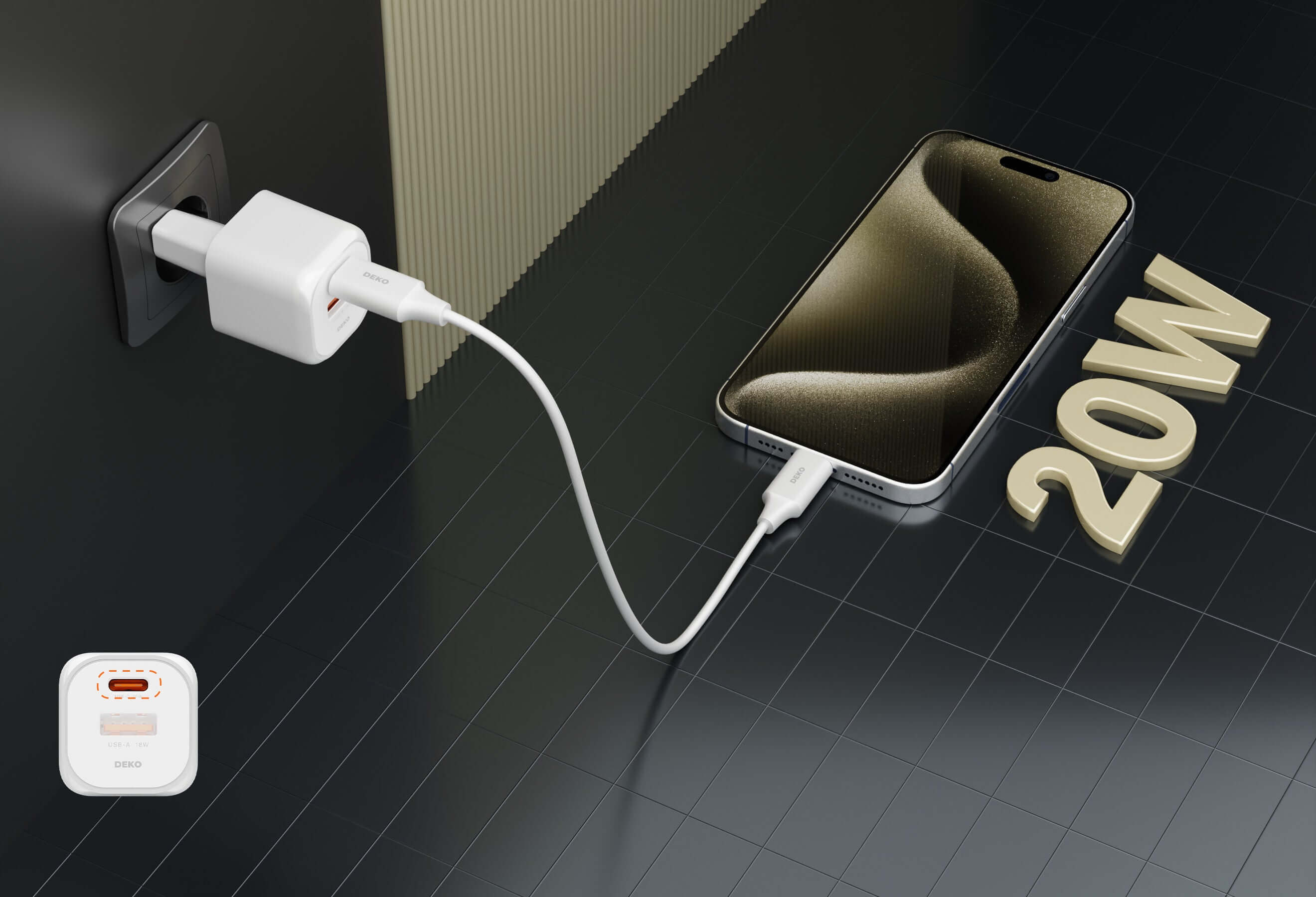 DEKO Ładowarka NANO 20W GaN Fast - 1x USB-C 1x USB-A Biała (DC202PCAWA) - Szybkie ładowanie 20W, porty USB-C i USB-A. Zabezpieczenie przed przegrzaniem. Idealna do iPhone i Samsung.