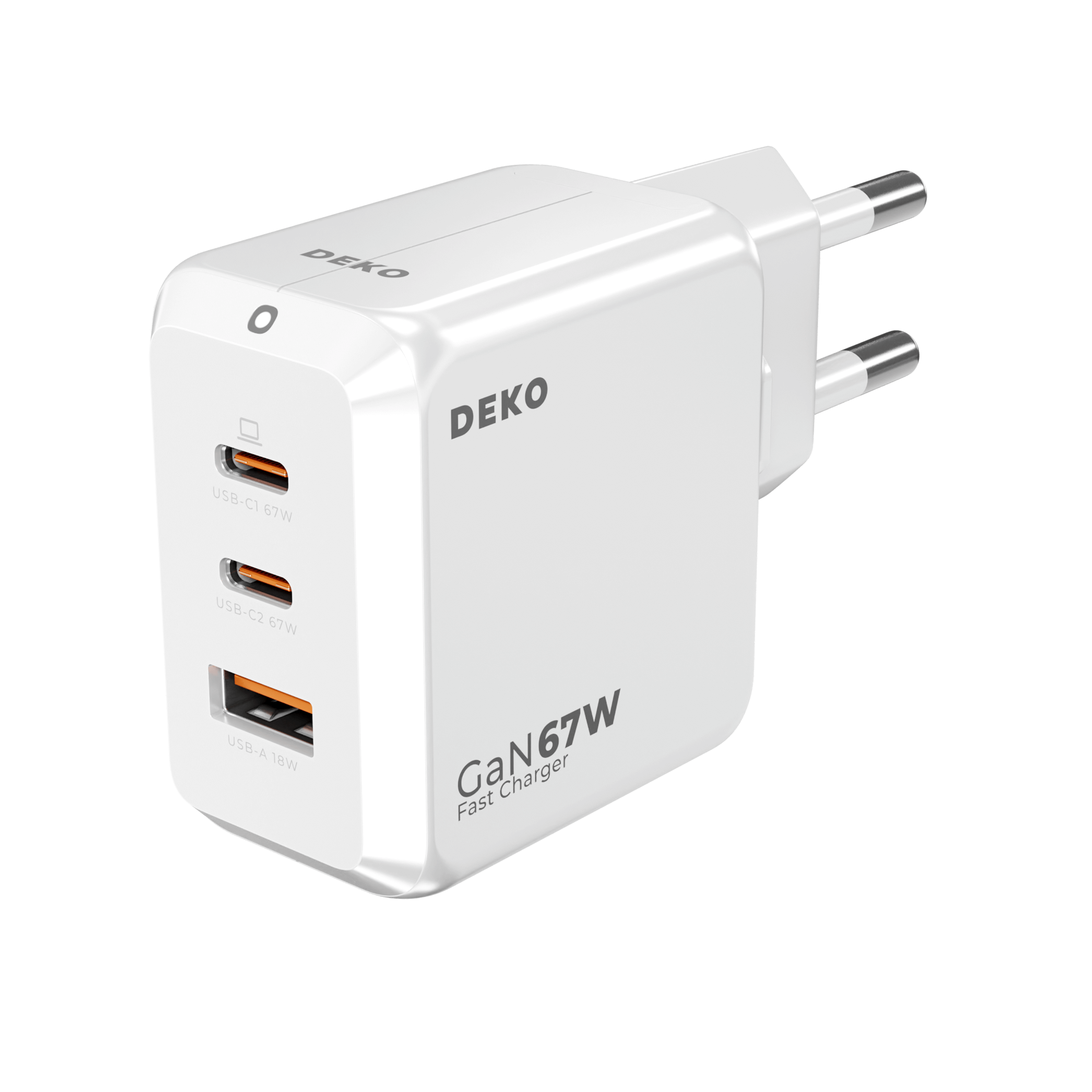 DEKO Ładowarka TRAVELER 67W GaN Fast - 2x USB-C 1x USB-A (DC673P2CABA) - Ładuj laptopa, tablet i telefon jednocześnie z DEKO TRAVELER 67W. Kompatybilna z większością urządzeń, wygodna i wydajna.