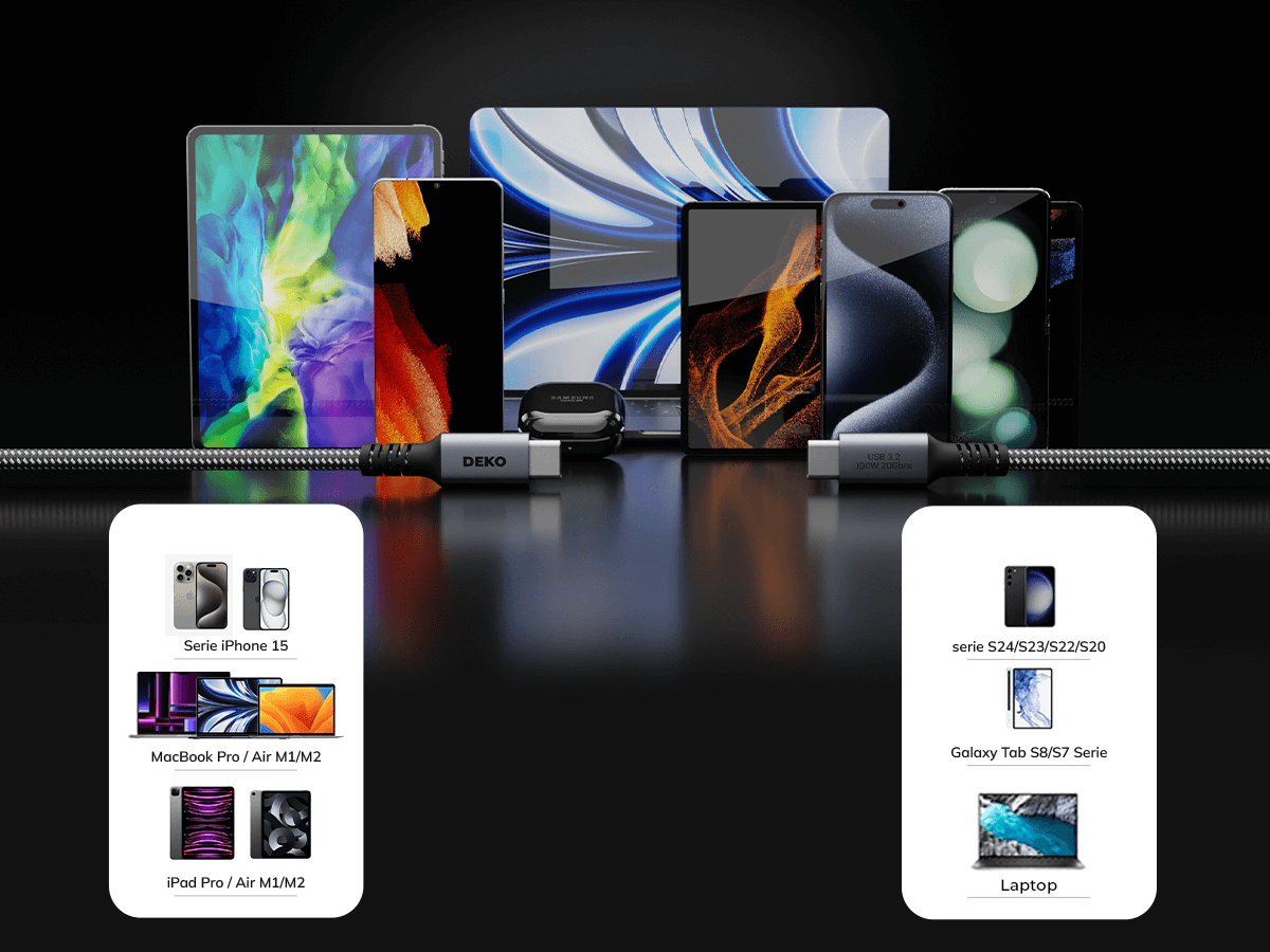 DEKO Kabel USB-C USB 3.2 (100W, 20 Gbps) - Kabel DEKO USB-C obsługuje szybkie ładowanie 100W dla urządzeń takich jak MacBook Pro/Air oraz Samsung Galaxy S24. Zapewnia prędkość transferu danych na poziomie 2500 MB/s (20 Gbps) oraz wyjście wideo 4K UHD przy