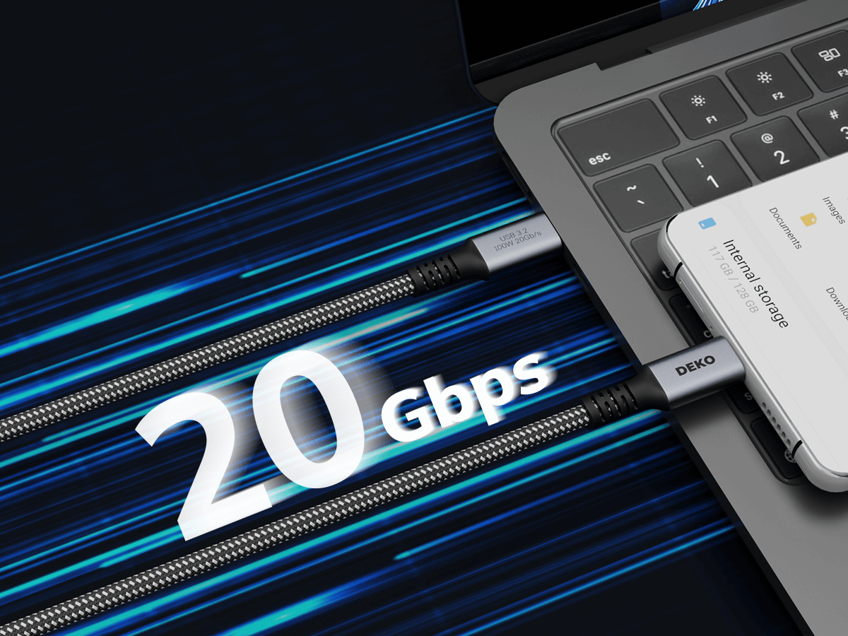 DEKO Kabel USB-C USB 3.2 (100W, 20 Gbps) - Kabel DEKO USB-C obsługuje szybkie ładowanie 100W dla urządzeń takich jak MacBook Pro/Air oraz Samsung Galaxy S24. Zapewnia prędkość transferu danych na poziomie 2500 MB/s (20 Gbps) oraz wyjście wideo 4K UHD przy